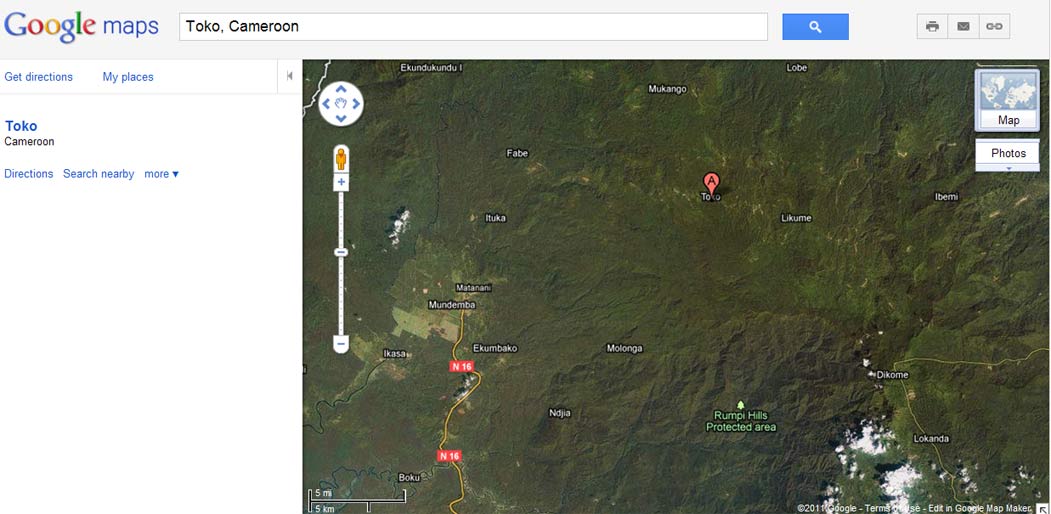 Google Map of Toko area in the Rumpi Hills, Cameroon